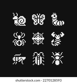 Animals insects pixel art icon set spider, bee, bag, butterfly, fly, snail, ladybug and ant. Sticker, logo, embroidery design. Different types insects isolated vector illustration. Video game assets.