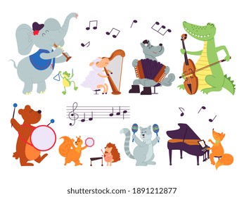 Animals with instruments. Wild music characters, sheep play in orchestra. Baby cartoon musicians, concert in zoo decent vector illustration