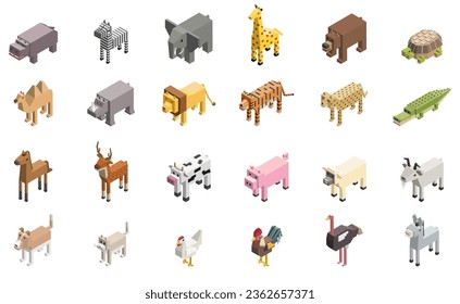 Animals isometric flat style vector isolated illustrations