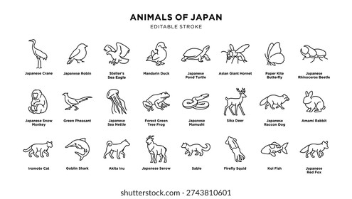 Animals of japan line icon set with editable stroke