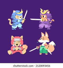 ANIMALS WITH JAPANESE WARRIOR COSTUMES. PREMIUM VECTOR SET.