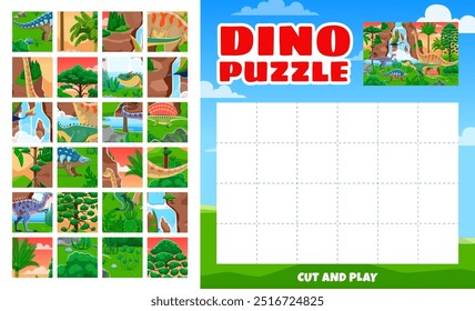 Animales rompecabezas juego de lógica para niños con dinosaurios prehistóricos. Vector divertido y atractivo acertijo con piezas separadas con Dino, animando a los niños a cortar y jugar para montar la imagen completa