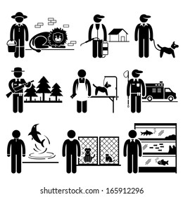 Animals Jobs Occupations Careers - Zookeeper, Exterminator, Dog Trainer, Wildlife Officer, Groomer, Control, Dolphin, Shelter, Aquarium - Stick Figure Pictogram