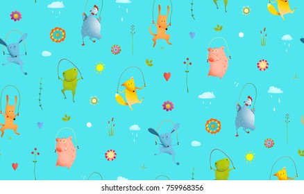Animals Jumping Rope Seamless Pattern Background. Funny animals jumping, playing outside pattern transparent background. Vector cartoon.