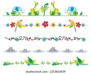 Animals in the jungle border illustration with forest elements design
