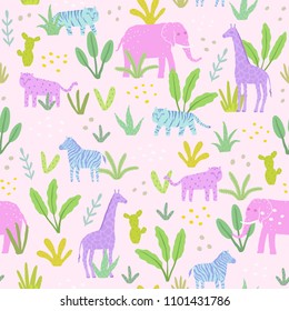 Animals in the jungle. Cute vector seamless pattern