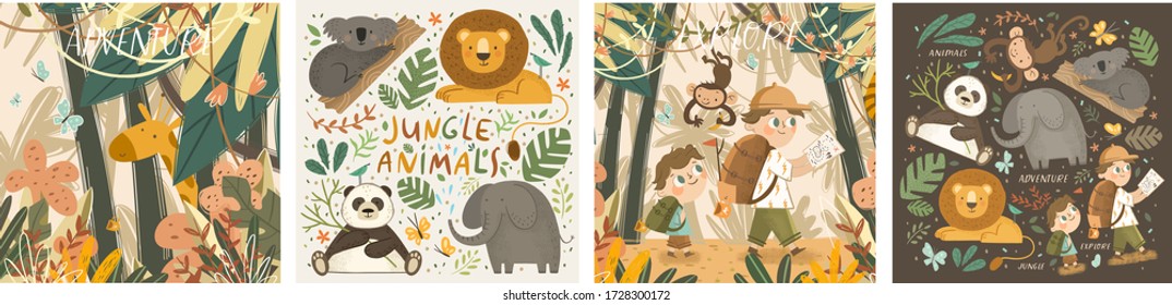 Animals in the jungle and explore. Vector cute illustrations of children's adventure, explorations, panda, koala, lion, elephant, giraffe, monkey and kids travelers.
 
