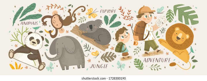 Animales en la jungla y explorar. Ilustraciones vectoriales lindas de la aventura de los niños, exploraciones, panda, koala, león, elefante, jirafa, mono y viajeros infantiles.
