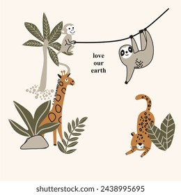 Animals in the jungle and explore. Vector cute illustrations of children's adventure, explorations,  koala, lion,  giraffe, monkey and kids travelers.