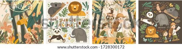 ジャングルの動物たち探検 子どもの冒険 探検 パンダ コアラ ライオン 象 キリン 猿 子どもの旅人を描いたベクター画像のかわいいイラスト のベクター画像素材 ロイヤリティフリー