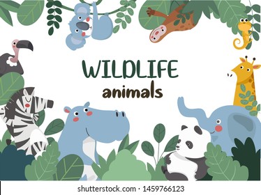 Animals of the jungle, frame. African Animals Frame. White background.