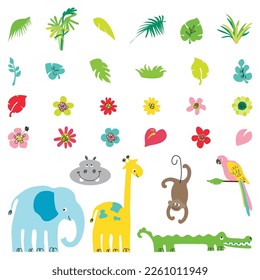 Animals in the jungle icon illustration with cute elements design