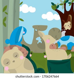 Animals in Jungle, Rabbit, bear, kangaroo, snake, frog, turtle, snail, squirrel, tree, animal, cartoon