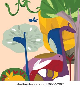 Animales en la selva, conejo, serpiente, pájaro, monstruo, árbol, animal, caricatura