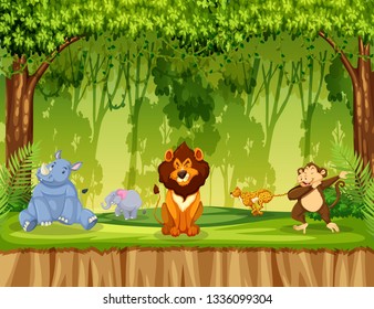 Animals in jungle scene illustration
