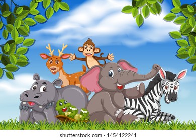 Animals in jungle scene illustration