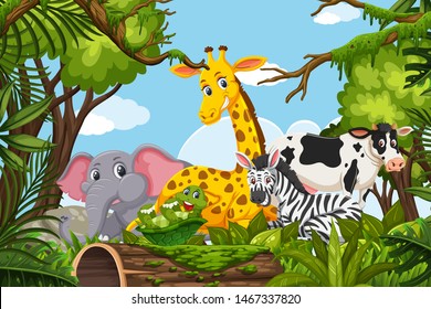 Animals in jungle scene illustration