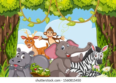 Animals in jungle scene illustration