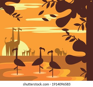 animals jungle sunset landscape cartoon in silhouette vector illustration