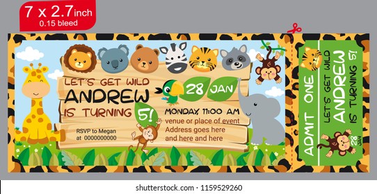 Animals In The Jungle. Ticket. Ticket Invitation Birthday. Jungle Party. Ilustration