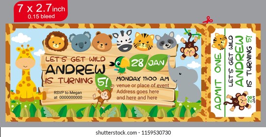 Animals In The Jungle. Ticket. Ticket Invitation Birthday. Jungle Party. Vector