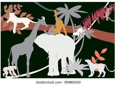 Animals if jungle, trees, plants, and their silhouettes illustration