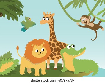 Animals in the jungle. Vector illustration for children.