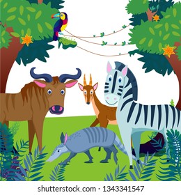 animals in the jungle vector illustration, Zebra, antelope, Toucan