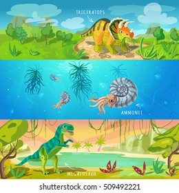 Animals jurassic banners set with triceratops ancient conch and tyrannosaurus on wildlife background isolated vector illustration