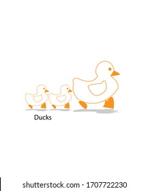 The animals of kid drawn vector. Flat design of the ducks family white isolated. Design print for illustration, shirt, kids, wrapping, card, product.