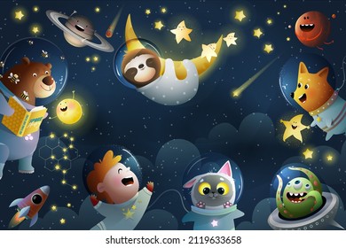 Animals And Kids Astronaut Adventures In Space, With Shiny Moon Stars And Clouds. Dreamy Adventurous Fun Cartoon For Children Cosmic Exploration. Vector Wallpaper Watercolor Style Illustration.