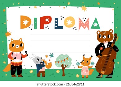 Animals kids diploma. Childish certificate. Cute musicians with cello and saxophone. Music class graduation. Funny band. Cartoon quartet plays instruments. Vector