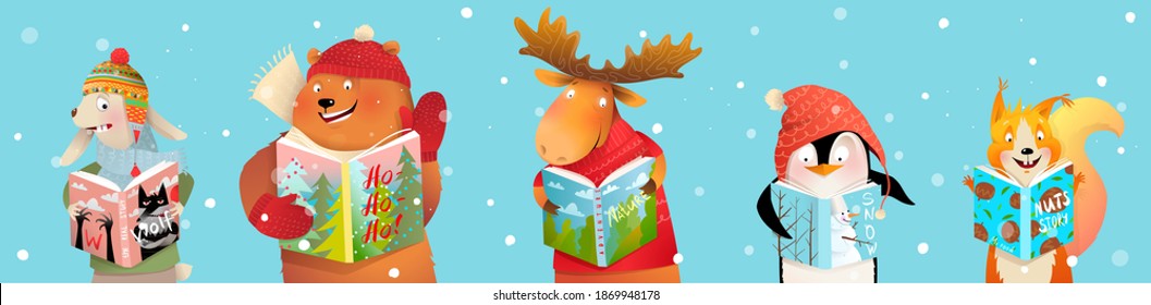 Animals for Kids Reading Books in Winter, Studying. Vector Christmas fairy tale banner character design, moose bear penguin and hare wearing winter clothes and reading. Vector in watercolor style.