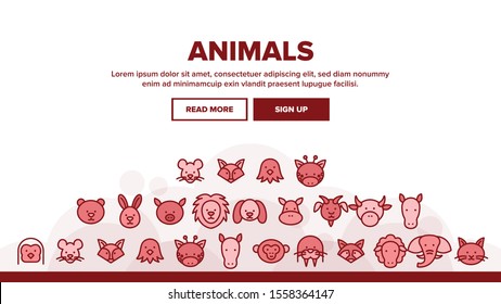 Animals Landing Web Page Header Banner Template Vector. Bear And Rabbit, Pig And Cow, Elephant And Lion, Monkey And Horse Animals Illustration
