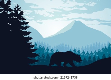 Vector De Ilustración Paisaje De Animales Con Oso Grizzly. Ilustración de un oso en medio del bosque.