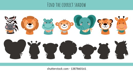 Animals. Learning children game. Find the correct shadow. Cartoon cute  illustration - Vector