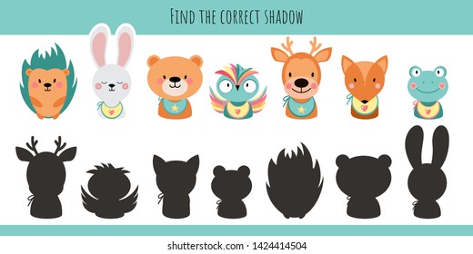 Animals. Learning children game. Find the correct shadow.  Hedgehog, rabbit, bear, bunny, owl, deer, frog, fox. Cartoon cute  illustration on a white background.  - Vector