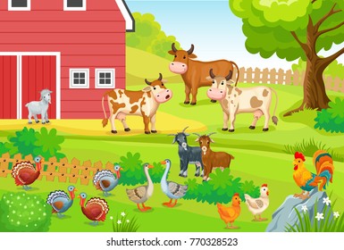 Animals life on the farm. Horizontal illustration for children books.