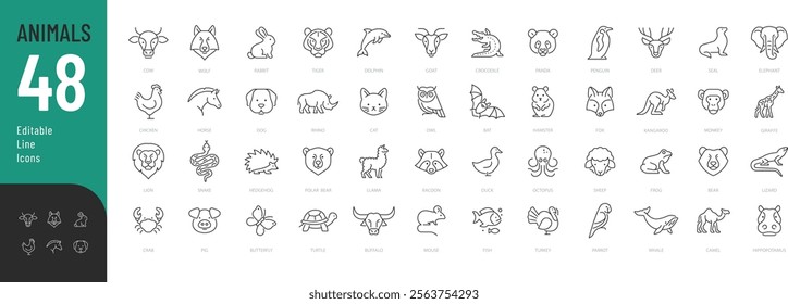 Animals line Editable Icons set. Vector illustration in modern thin line style of fauna related icons: farm, domestic, wild animals, and more. Pictograms and infographics.