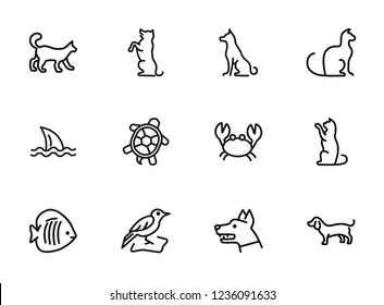 Animals line icon set. Cat, dog, shark, turtle. Nature concept. Can be used for topics like wildlife, pets, sea life