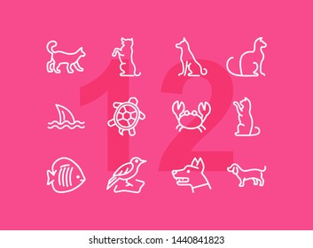 Animals line icon set. Cat, dog, shark, turtle. Nature concept. Can be used for topics like wildlife, pets, sea life