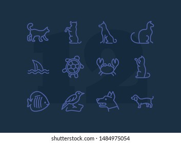 Animals line icon set. Cat, dog, shark, turtle. Nature concept. Can be used for topics like wildlife, pets, sea life