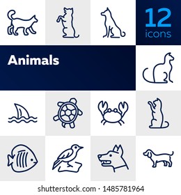 Animals line icon set. Cat, dog, shark, turtle. Nature concept. Can be used for topics like wildlife, pets, sea life