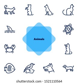 Animals line icon set. Cat, dog, shark, turtle. Nature concept. Can be used for topics like wildlife, pets, sea life