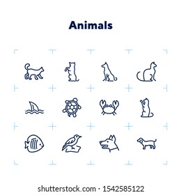 Animals line icon set. Cat, dog, shark, turtle. Nature concept. Can be used for topics like wildlife, pets, sea life