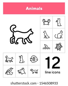 Animals line icon set. Cat, dog, shark, turtle. Nature concept. Can be used for topics like wildlife, pets, sea life