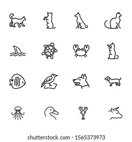 Animals line icon set. Cat, dog, shark, turtle. Nature concept. Can be used for topics like wildlife, pets, sea life