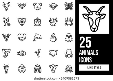 Animals Line Icon Set. Containing eagle, giraffe, elephant, bat, horse, frog, butterfly, dog, dolphin, cheetah, gorilla, cow, fish, bear, cat, deer, fox, bee, flamingo, antelope, duck, crab.