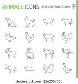 Animals line icon set, livestock vector collection, logo illustrations, zoo animal vector icons, outline style pictogram pack, editable stroke icons.