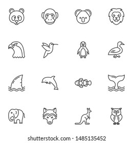 Zeichensatz für die Linien der Tiere. Paket mit Umrisszeichen für lineare Stilsymbole. Vektorgrafiken. Set umfasst Symbole wie Löwe, Adler, Delphin, Wal, Fisch, Elefant, Affe, Pinguin, Panda, Eule, Kolibris